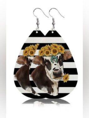 Cow Sunflower Faux Leather Earrings